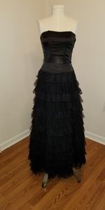 Black satin strapless gown retro flounces lace